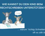 Zwei Lamas diskutieren über schlechte Rechtschreibung. Eines hält Karteikarten, das andere fragt sich, warum "richtig schreiben" so schwer ist.