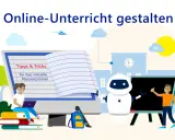 Ein Mädchen lernt am Laptop, ein Roboter und ein Schüler am Whiteboard – so wird digitaler Unterricht lebendig.