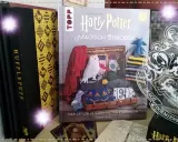 Harry Potter buchvorstellung: Ein Strickbuch mit Eule, magischen Motiven und Hufflepuff-Büchern.