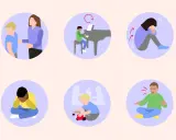 Illustrationen zeigen verschiedene Szenen, die auf autismus bei kleinkindern hinweisen können: soziale Interaktion, repetitive Verhaltensweisen, sensorische Überlastung und Kommunikation.