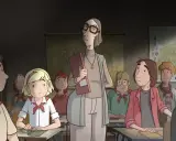Lehrerin mit Brille und Mappe steht vor einer Schulklasse. Die Kinder tragen Halstücher, wie in "Briefe an Fritzi".