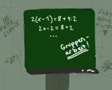Grüne Tafel mit Matheaufgabe und "Gruppenarbeit!"-Schriftzug. Graffiti an der Wand: "Nie mehr Schule", "Sk8ter boiz 4 life". Ein Schulalltag, der für ADHS-Schüler im Gymnasium herausfordernd sein kann.