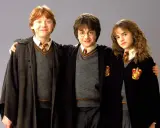 Harry, Ron und Hermine, die berühmten Namen aus Harry Potter, in ihren Gryffindor-Umhängen.
