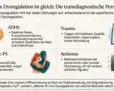 ADHS-Emotionen: reaktive Peaks, Frustrationsintoleranz, emotionale Impulsivität. Die Grafik zeigt Dysregulation bei ADHS, Trauma, Borderline-PS und Autismus.