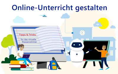 Ein Mädchen lernt am Laptop, ein Roboter und ein Schüler am Whiteboard – so wird digitaler Unterricht lebendig.