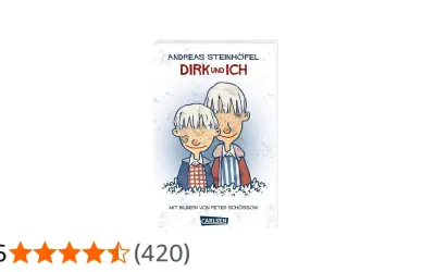 Buchcover "Dirk und ich" von Andreas Steinhöfel. Zwei Jungen mit blonden Haaren und Sommersprossen, einer mit Pflaster auf der Wange.
