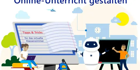 Ein Mädchen lernt am Laptop, ein Roboter und ein Schüler am Whiteboard – so wird digitaler Unterricht lebendig.