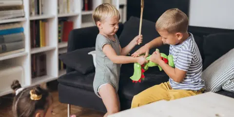 Zwei kleine Jungen streiten sich um ein grünes Stofftier. Einer hält einen Kochlöffel, der andere zieht am Spielzeug. Ein kleines Kind schaut zu.