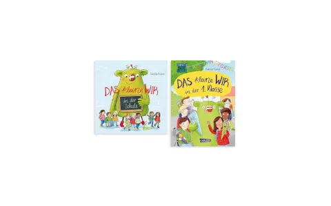 Zwei Buchcover von Daniela Kunkel: Ein grünes Monster mit Kindern vor der Schule und ein weiteres mit Kindern vor der 1. Klasse.