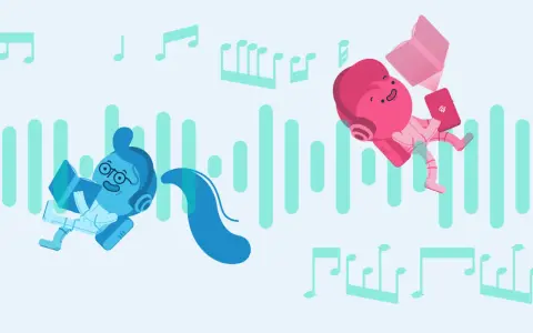 Zwei Figuren mit Kopfhörern lernen und lesen, umgeben von Noten und Schallwellen. Musik beim Lernen macht Spaß!