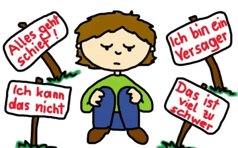 Ein Kind sitzt traurig, umgeben von Schildern mit negativen Botschaften wie "Alles geht schief!". Dies illustriert den schwierigen **Umgang mit Niederlagen**.
