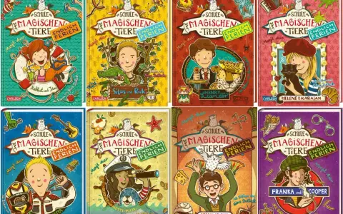 Die Buchreihe "Die Schule der magischen Tiere: Endlich Ferien" zeigt bunte Cover mit Kindern und magischen Tieren, bereit für den Urlaub.