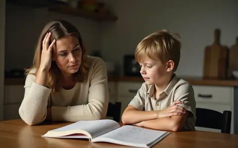 Mutter seufzt, ihr Kind macht keine Hausaufgaben. Sie blickt besorgt auf das offene Heft.