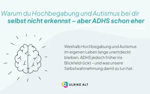 Gehirn-Illustration mit Text: Warum du Hochbegabung und Autismus bei dir selbst nicht erkennst – aber ADHS schon eher. Erklärt, warum Hochbegabung und Autismus oft unentdeckt bleiben, ADHS aber früher auffällt.