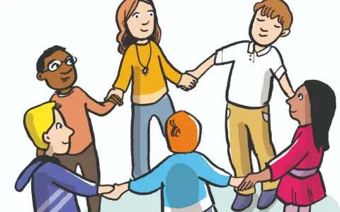 Kinder und eine Lehrerin halten Händchen im Kreis. Sie lernen, was daz unterricht ist: Gemeinschaft und Zusammenhalt.