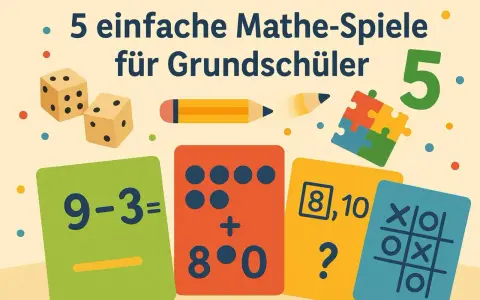 Bunte Karten mit Rechenaufgaben, Würfel und ein Bleistift – alles für spielerisches Rechnen lernen.