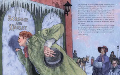 Ein fröhlicher Fred besucht seinen Onkel Scrooge, der die Charles Dickens Weihnachtsgeschichte verkörpert. Eisige Dekorationen und ein Pferdeschlitten im Hintergrund.