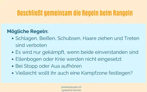 Regeln für Rangeln: Schlagen, Beißen, Schubsen, Haare ziehen und Treten sind verboten. Hilft Kindern ab 12 Jahren bei der Impulskontrolle.