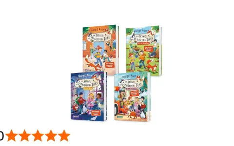 Vier Buchcover von Margit Auers "Die Schule der magischen Tiere" zeigen Kinder und sprechende Tiere. Ein Steckbrief zu den Büchern.