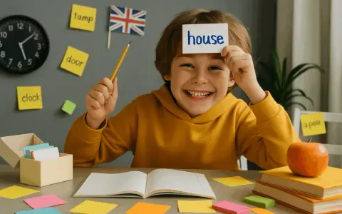 Ein Junge hält eine Karte mit "house" über seiner Stirn. Mit bunten Haftnotizen und einem Buch wird das **Vokabeln lernen leicht gemacht**.