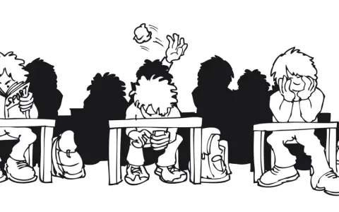 Schüler im Unterricht: Einer liest, einer wirft Papierkugeln, einer ist gelangweilt. Beispiele für exekutive Funktionen im Schulalltag.
