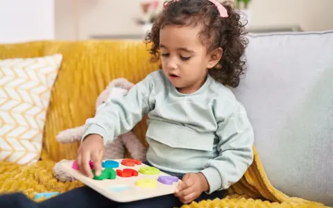Kleines Mädchen mit Locken spielt konzentriert mit einem bunten Steckpuzzle. Das Spielzeug hilft, die **Konzentration zu steigern**.