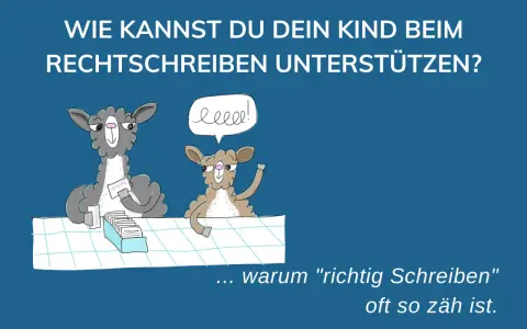 Zwei Lamas diskutieren über schlechte Rechtschreibung. Eines hält Karteikarten, das andere fragt sich, warum "richtig schreiben" so schwer ist.