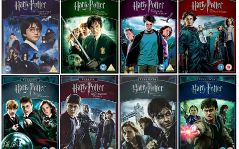 Die DVD-Hüllen der Harry Potter Reihe, von "Stein der Weisen" bis "Heiligtümer des Todes Teil 2".