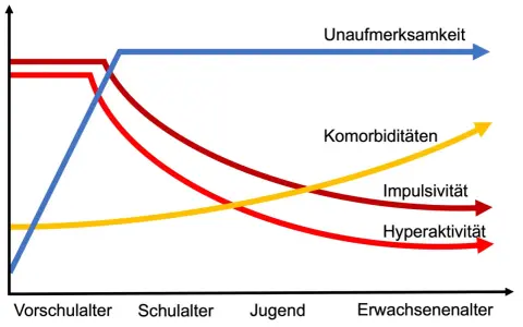 Diagramm zeigt, wie sich Unaufmerksamkeit, Impulsivität, Hyperaktivität und Komorbiditäten über die Lebensspanne entwickeln. Die Frage "wie lange dauert eine autismus diagnose" wird hier nicht direkt beantwortet, aber die Grafik illustriert die Entwick...
