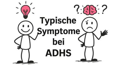 Zwei Strichmännchen illustrieren typische Symptome bei ADHS: eines mit Glühbirne (Ideen) und eines mit traurigem Gesicht und Fragezeichen über dem Gehirn (Verwirrung).