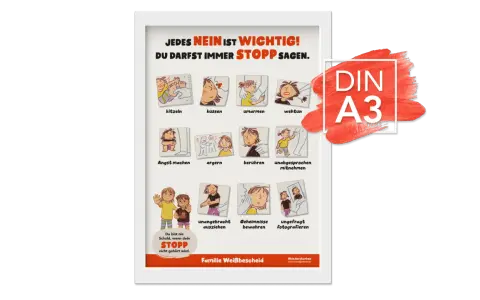 Illustrationen zeigen, wie Kinder Grenzen setzen können. Ein liebevoller Umgang mit Kindern bedeutet, ihre Gefühle ernst zu nehmen und ihnen zu vermitteln, dass jedes Nein wichtig ist.