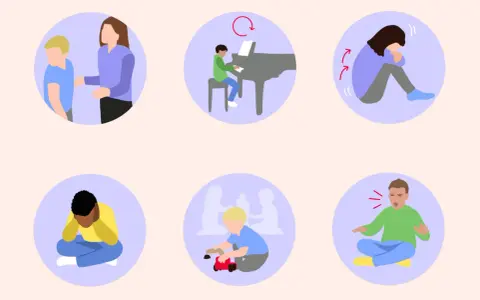 Illustrationen zeigen verschiedene Szenen, die auf autismus bei kleinkindern hinweisen können: soziale Interaktion, repetitive Verhaltensweisen, sensorische Überlastung und Kommunikation.