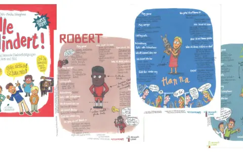 Ein buntes kinderbuch über behinderung mit Illustrationen von Kindern, die unterschiedliche Beeinträchtigungen darstellen.
