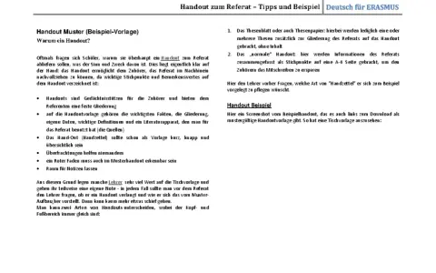 Ein Handout Beispiel zeigt, wie ein Musterhandout aussehen kann. Es dient als Gedächtnisstütze für Zuhörer und Referenten.