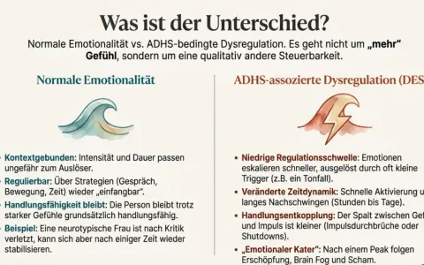 Vergleich von normaler Emotionalität und ADHS-Dysregulation. Die rechte Seite zeigt, wie ADHS-Wut schnell eskaliert, mit niedriger Regulationsschwelle und veränderter Zeitdynamik.