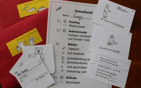 Schreibzeit-Übung mit Sergei. DaZ-Angebote und Schreibübungen sind auf dem Arbeitsblatt.
