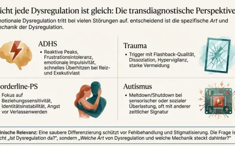 ADHS-Emotionen: reaktive Peaks, Frustrationsintoleranz, emotionale Impulsivität. Die Grafik zeigt Dysregulation bei ADHS, Trauma, Borderline-PS und Autismus.