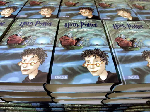 Stapel von "Harry Potter und der Halbblutprinz"-Büchern, die die magische Reise von Harry und Dumbledore zeigen.