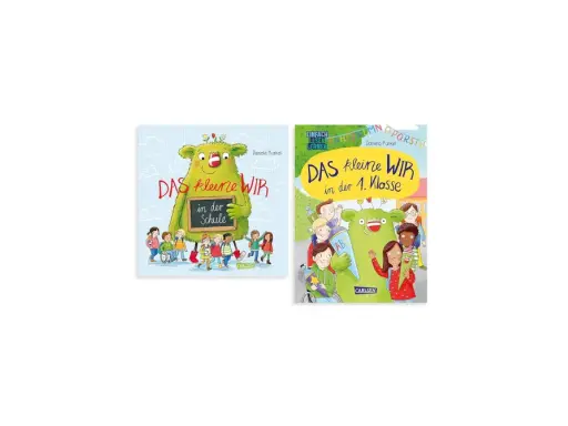 Zwei Buchcover von Daniela Kunkel: Ein grünes Monster mit Kindern vor der Schule und ein weiteres mit Kindern vor der 1. Klasse.