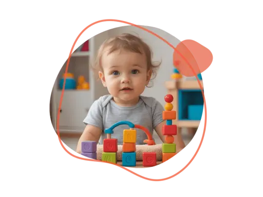 Kleines Kind spielt mit bunten Bauklötzen. Sein neugieriges Verhalten reagiert auf die neuen Spielzeuge.