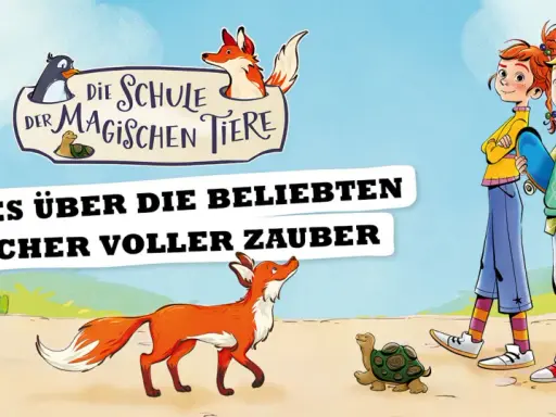 Illustration für die buch schule der magischen tiere: Kinder und Tiere, die Abenteuer erleben.