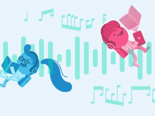 Zwei Figuren mit Kopfhörern lernen und lesen, umgeben von Noten und Schallwellen. Musik beim Lernen macht Spaß!
