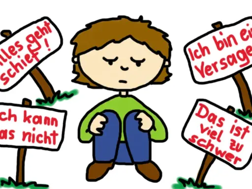 Ein Kind sitzt traurig, umgeben von Schildern mit negativen Botschaften wie "Alles geht schief!". Dies illustriert den schwierigen **Umgang mit Niederlagen**.