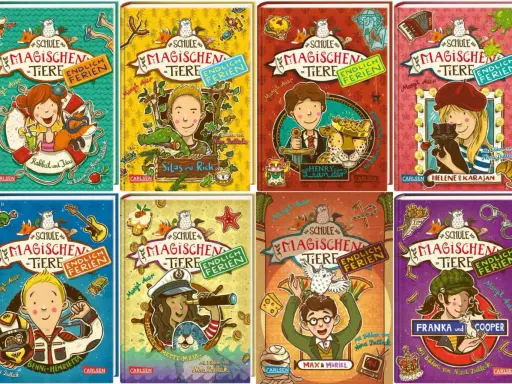 Die Buchreihe "Die Schule der magischen Tiere: Endlich Ferien" zeigt bunte Cover mit Kindern und magischen Tieren, bereit für den Urlaub.