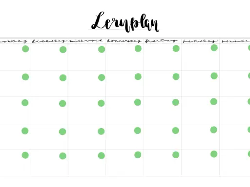 Leerer Lernplan Grundschule Vorlage mit grünen Punkten, die Lernzeiten markieren.