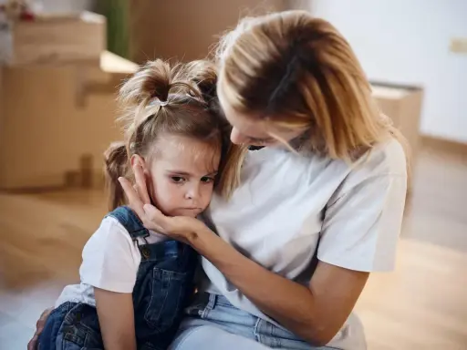 Mutter tröstet ihr Kind, das Angst vor anderen Kindern hat.