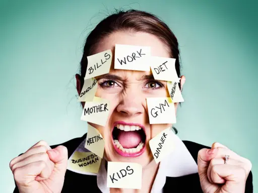 Überforderte Frau mit Zetteln wie "Work", "Bills", "Kids". Sie kämpft, um ihre Wut zu kontrollieren und Selbstbeherrschung zu lernen.