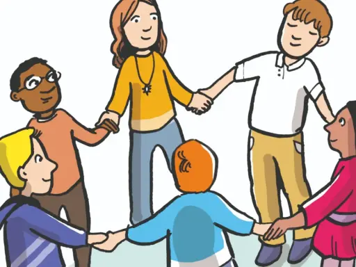 Kinder und eine Lehrerin halten Händchen im Kreis. Sie lernen, was daz unterricht ist: Gemeinschaft und Zusammenhalt.
