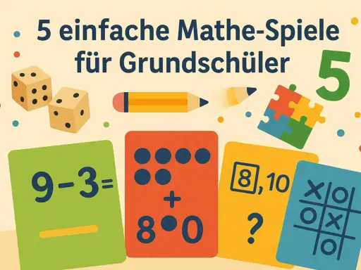 Bunte Karten mit Rechenaufgaben, Würfel und ein Bleistift – alles für spielerisches Rechnen lernen.