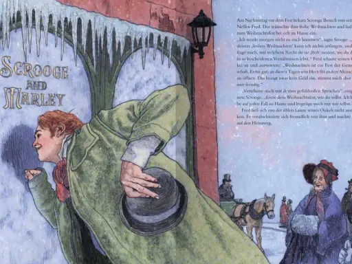 Ein fröhlicher Fred besucht seinen Onkel Scrooge, der die Charles Dickens Weihnachtsgeschichte verkörpert. Eisige Dekorationen und ein Pferdeschlitten im Hintergrund.